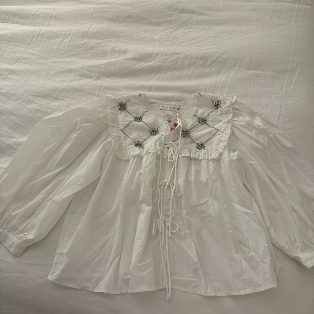 RHODE White 3/4 Sleeve Tie Front Blouse